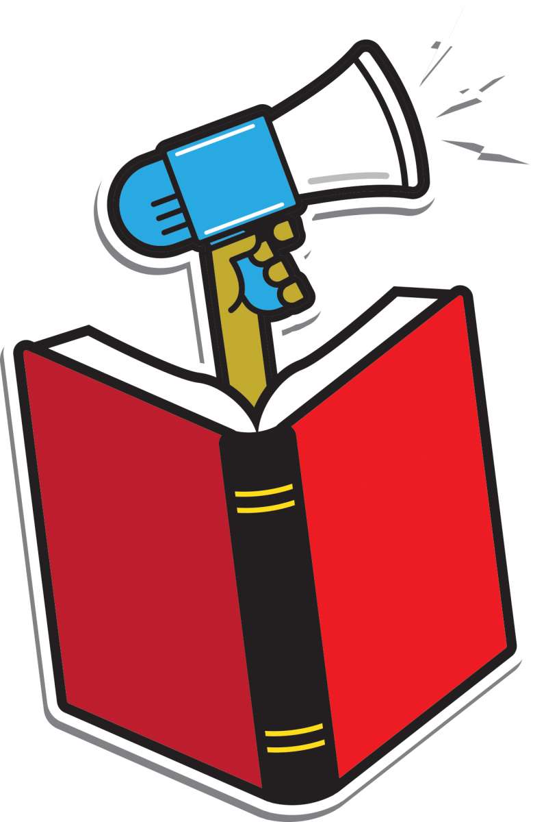 A blue megaphone coming out of a red open book