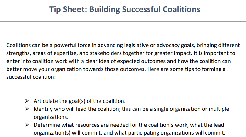 A screenshot of ALA's Tip Sheet: Building Successful Coalitions.