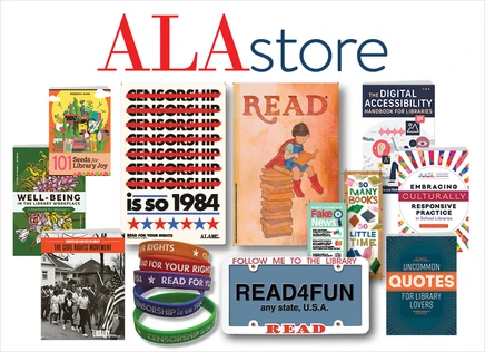 A collage of books, posters, bookmarks, and gifts from the ALA Store