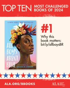 Top Ten Most Challenged Books of 2024. #1 All Boys Aren't Blue by George M. Johnson. Why this book matters: bit.ly/allboysBR. ALA.ORG/BBOOKS. American Library Association