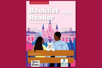 Booklist Reader Feb 2025 cover - illustration of couple sitting on park bench facing view of New Orleans skyline with a small dog looking at at the viewer