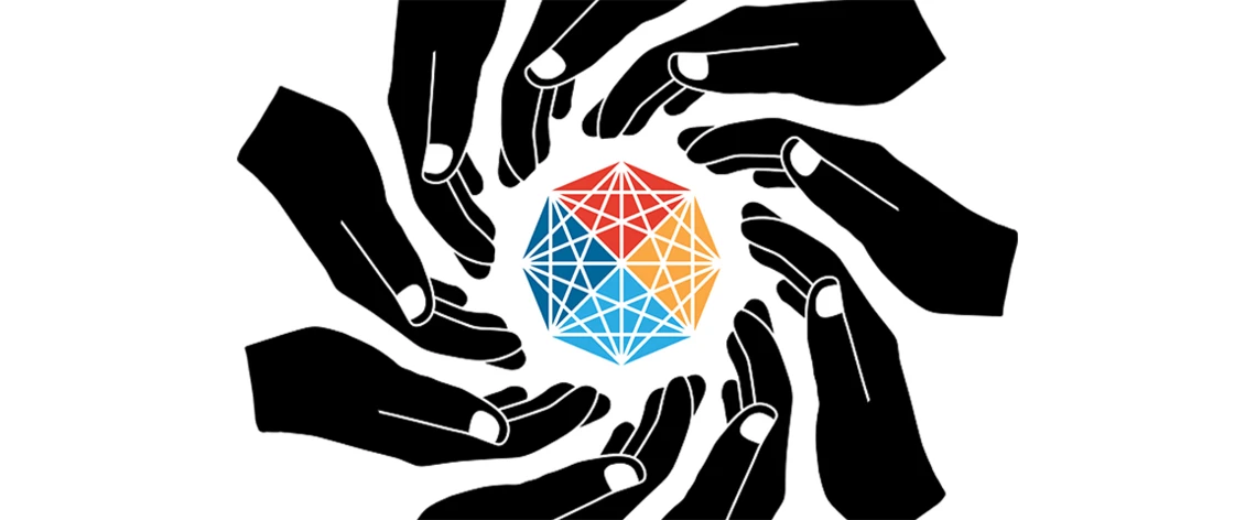 Volunteer with Core. The polyhedron logo of Core surrounded by a vortex of pitch black hands