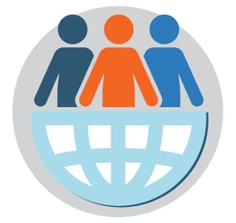 Drawing of three people within an internet globe icon