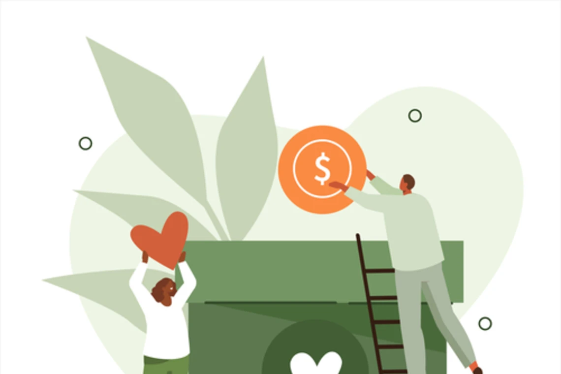 Donation illustration with cartoon people lifting money into a plant