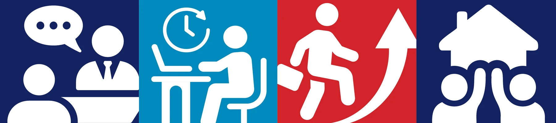 Drawings of people in job interviews, at work, and gaining skills