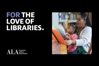For the love of libraries. American Library Association. Photo of woman reading to a child on her lap at the library. 