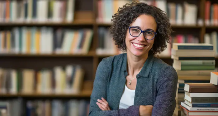 A woman with curly hair and glasses smiles with her arms crossed in a library.