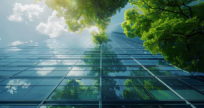 a tall building surrounded by green trees