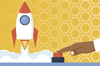 Illustration of a rocket launching with a hand pressing a red button.