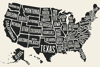 Stylized black and white map of the U.S. with state names in uppercase letters.