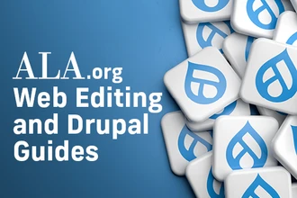 Blue background with white tiles displaying Drupal "droplet" logos, and text reading "ALA.org Web Editing and Drupal Guides."