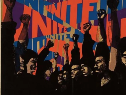 Colorful poster featuring people of color with raised fists and the word "unite" repeated in the background.