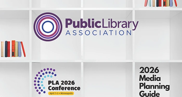Public Library Association logo and PLA 2026 Conference logo over white, mostly empty shelves, text 2026 Media Planning Guide.