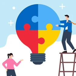 A light bulb made of colorful puzzle pieces with a man and woman interacting with it.