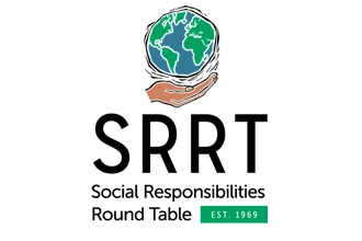 Logo of the Social Responsibilities Round Table. A world globe sits on an open palm above the words "SRRT, Social Responsibilities Round Table, Established 1969"