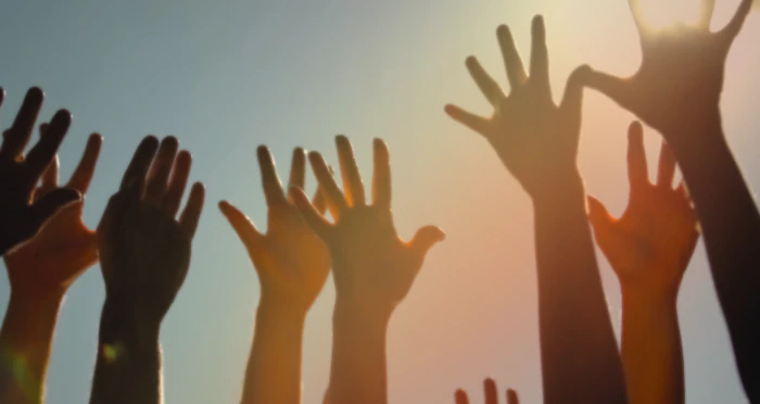 volunteer hands raised