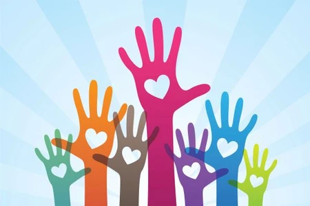 Block drawing of seven hands of different colors and lengths raised to offer themselves for service. The palm of each hand has a heart cutout.