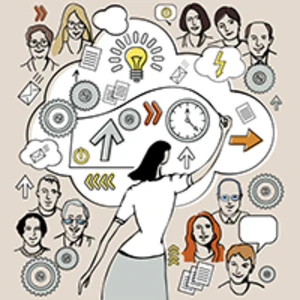 A drawing of a woman drawing. From her pen flows a cloud containing many common symbols of ideas, time, motion, and action, such as a light bulb, lightning, a clock, arrows, gears, and mail. Around the cloud in all four corners of the drawing, are the heads of eleven engaged participants.